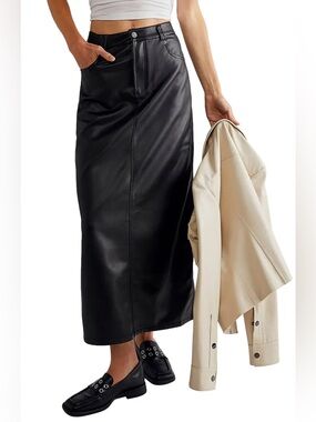 Free People City Slicker Faux Leather Maxi Skirt Size 8